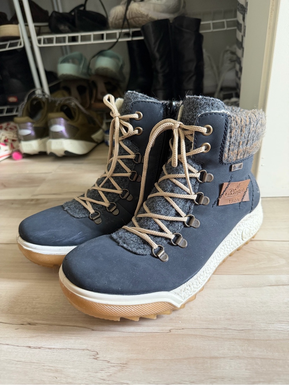 Rieker Navy and Tan Side Zip Winter Boots Size 7